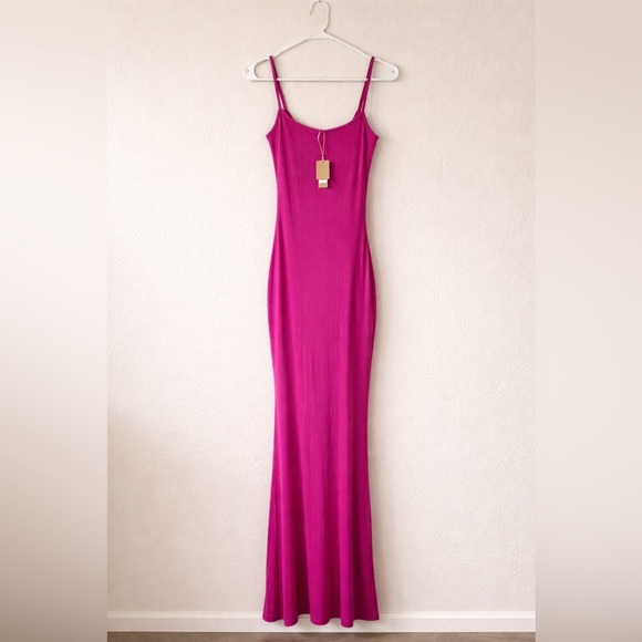SKIMS Dresses & Skirts - SKIMS Magenta Ribbed Knit Maxi Dress Shimmer Spaghetti Strap NWT